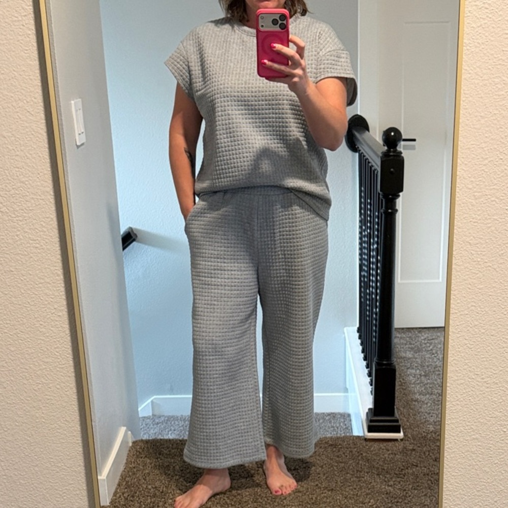 Wide Leg Waffle Knit Lounge Pants - Gray